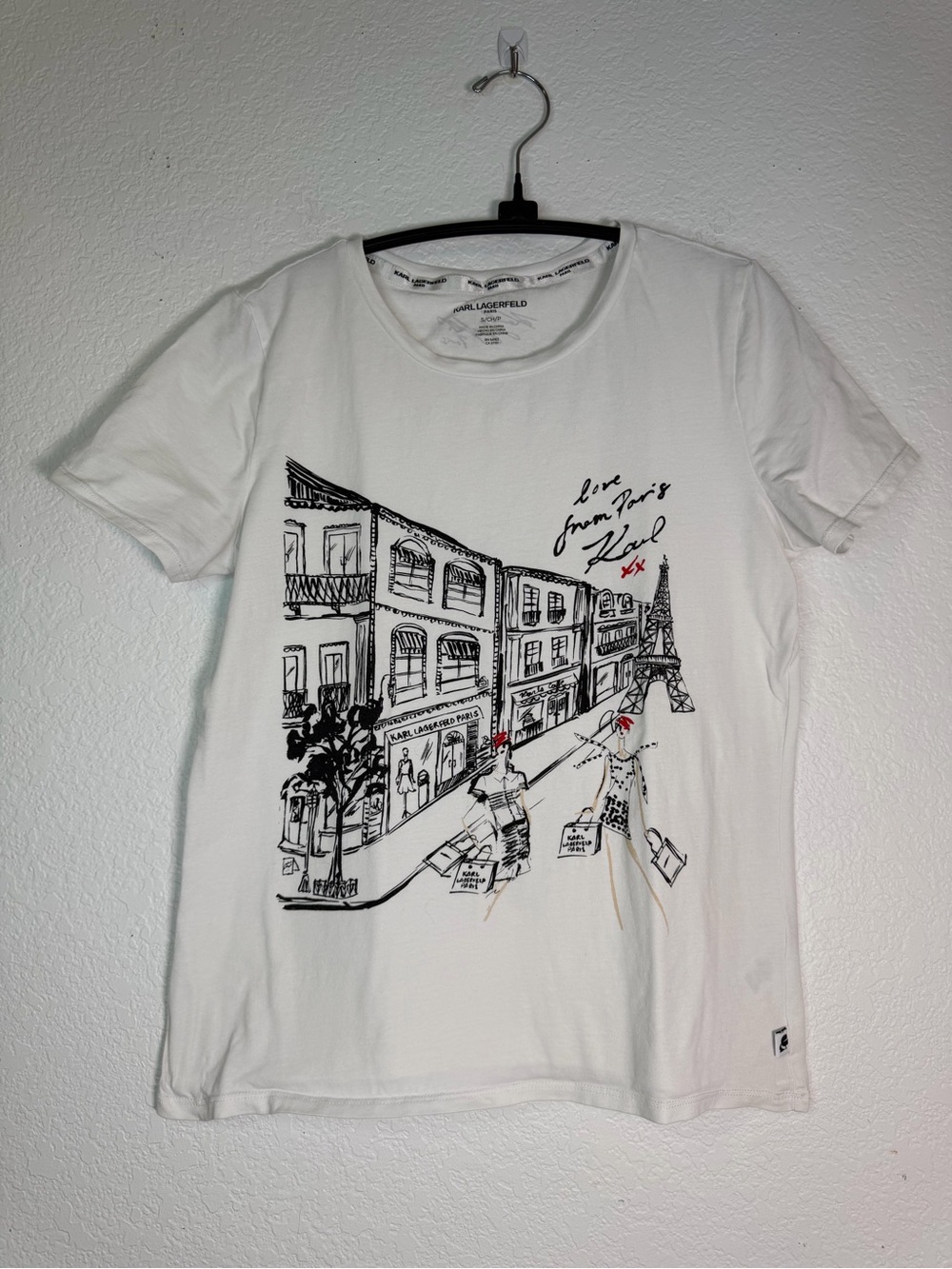 Karl Lagerfeld White Graphic Love From Paris Street Tee with Red Accents, Size S